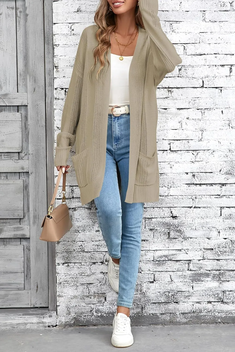 Womens Lightweight Hollow Out Crochet Knit Cardigan Drop Shoulder Loose Cardigan Sweaters