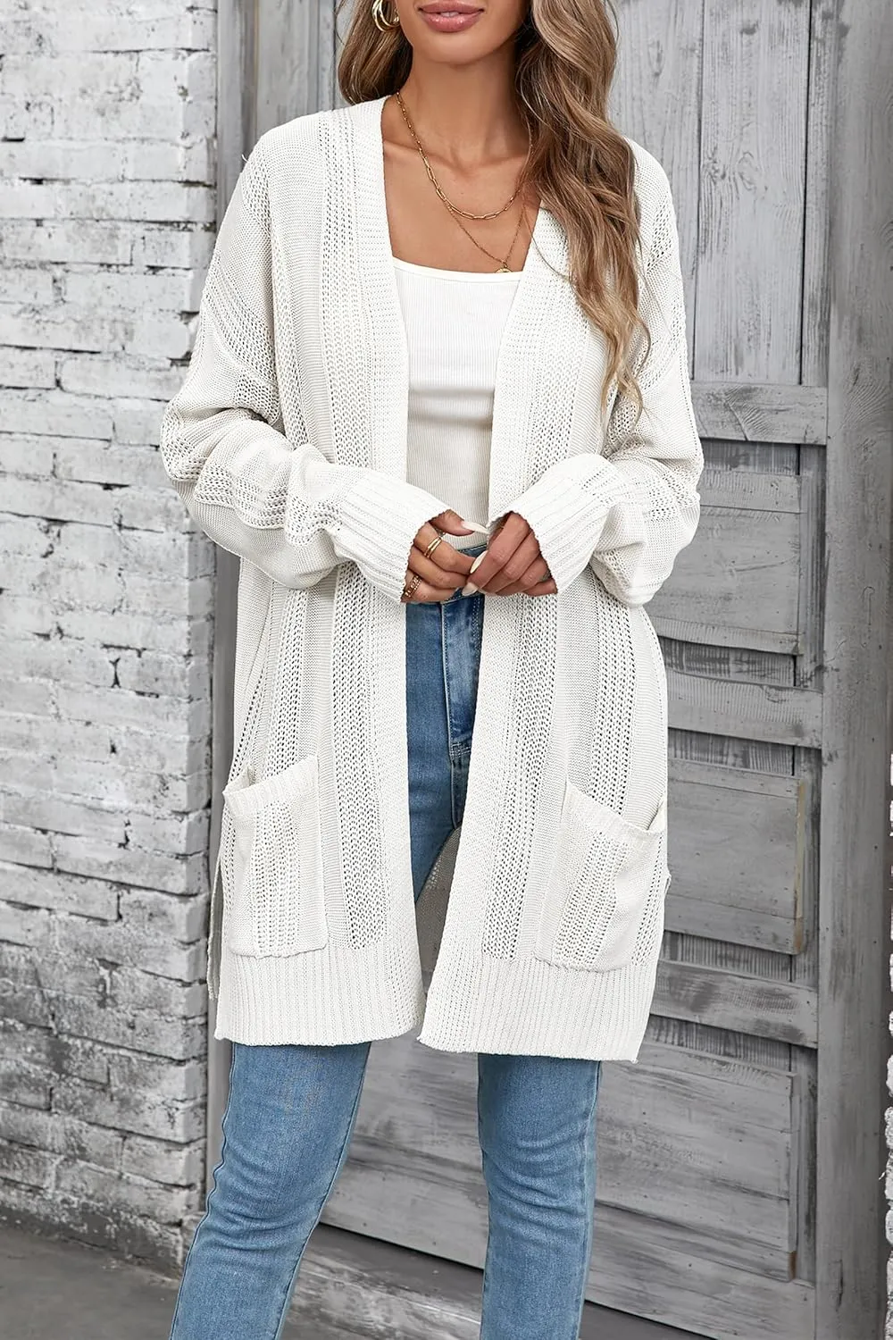 Womens Lightweight Hollow Out Crochet Knit Cardigan Drop Shoulder Loose Cardigan Sweaters