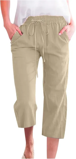 Womens Linen Capri Pants 2024 Summer Casual High Waist Elastic Drawstring Loose Soft Pockets Wide Leg Crop Trousers