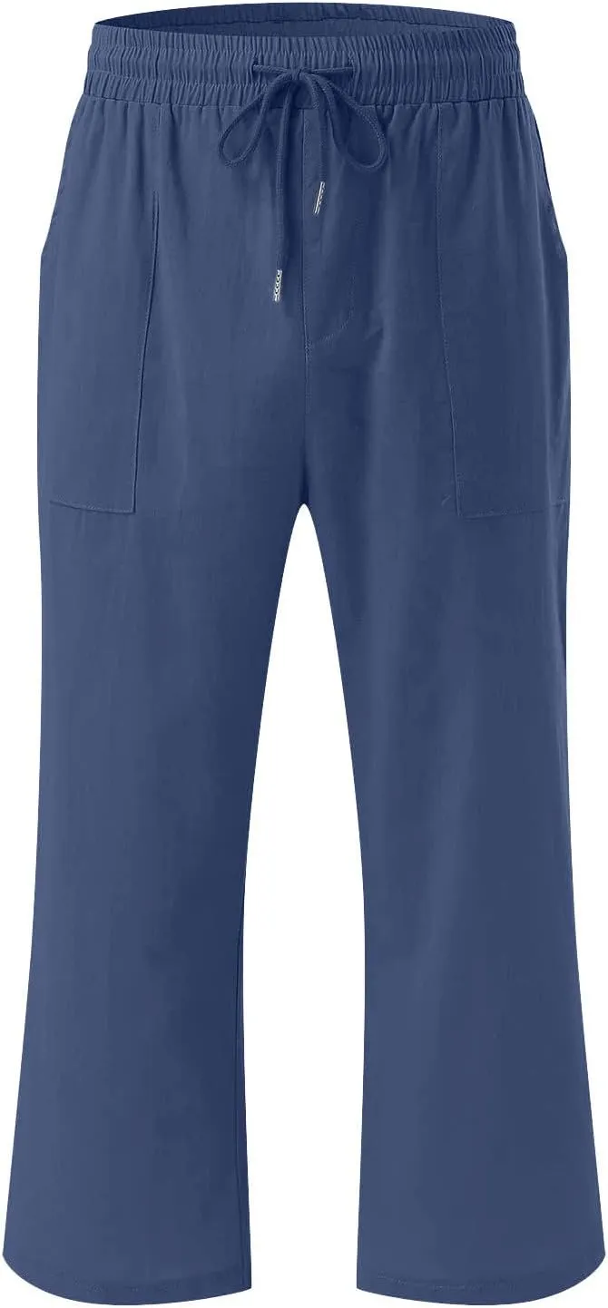 Womens Linen Capri Pants 2024 Summer Casual High Waist Elastic Drawstring Loose Soft Pockets Wide Leg Crop Trousers