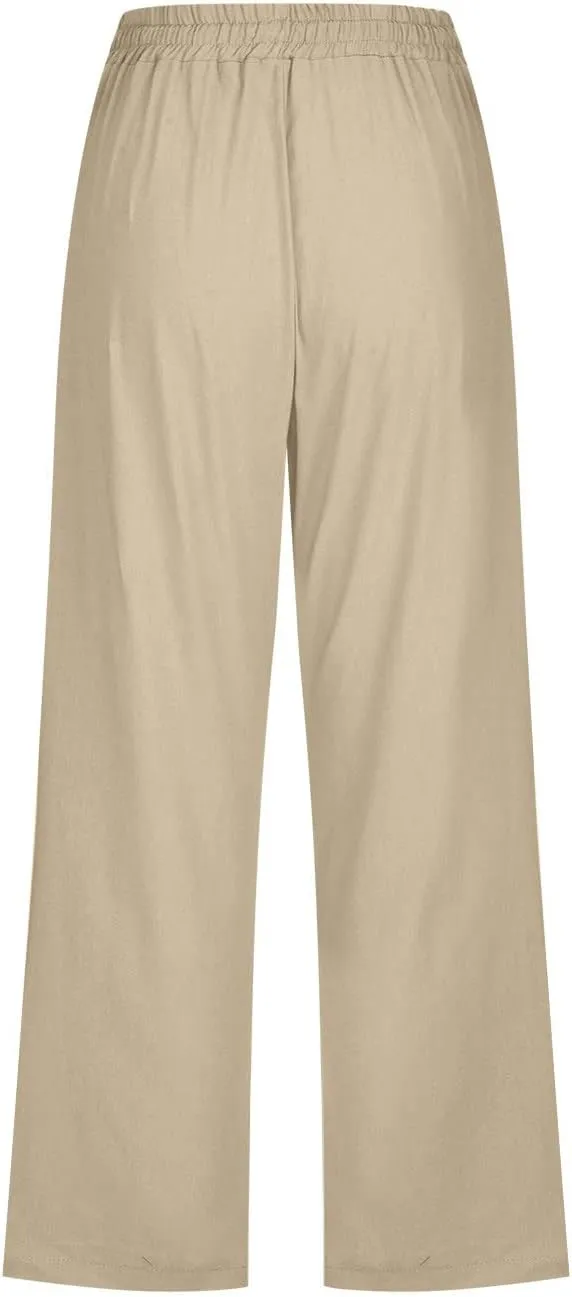 Womens Linen Capri Pants 2024 Summer Casual High Waist Elastic Drawstring Loose Soft Pockets Wide Leg Crop Trousers