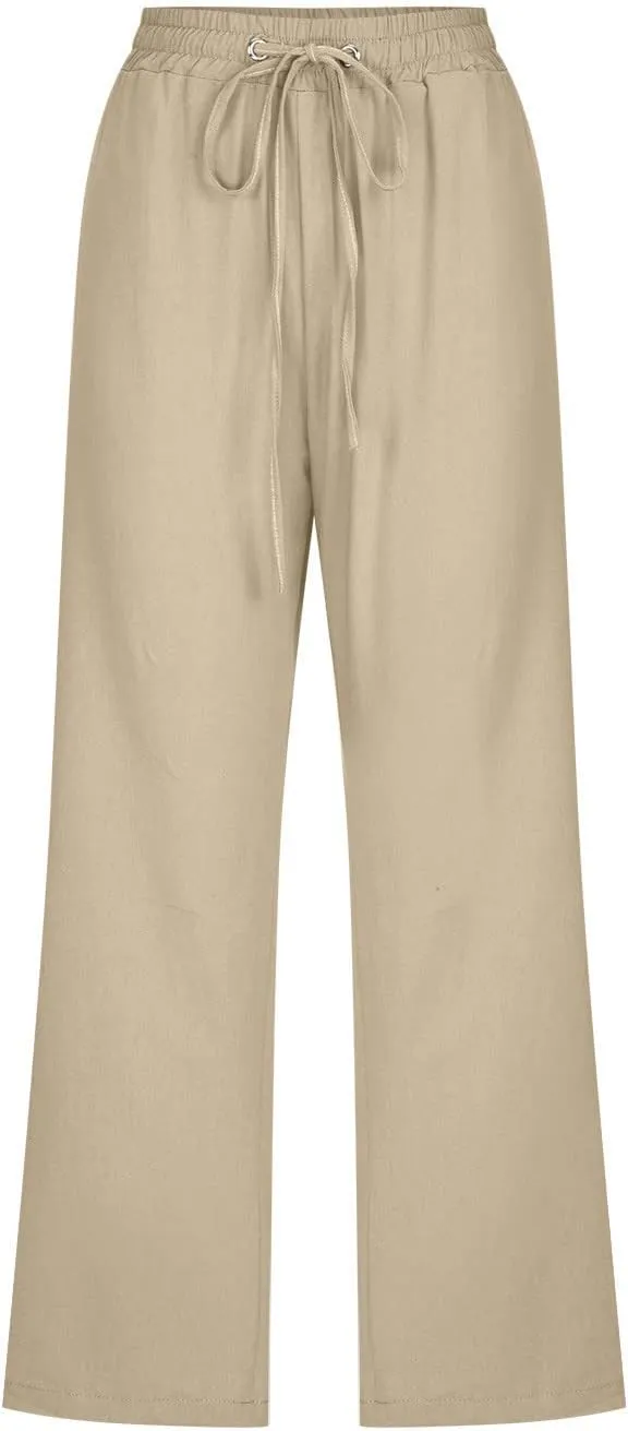 Womens Linen Capri Pants 2024 Summer Casual High Waist Elastic Drawstring Loose Soft Pockets Wide Leg Crop Trousers