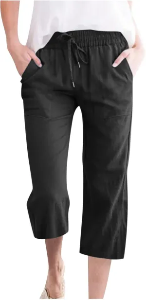Womens Linen Capri Pants 2024 Summer Casual High Waist Elastic Drawstring Loose Soft Pockets Wide Leg Crop Trousers