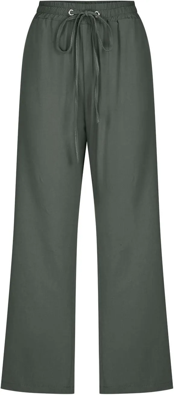 Womens Linen Capri Pants 2024 Summer Casual High Waist Elastic Drawstring Loose Soft Pockets Wide Leg Crop Trousers