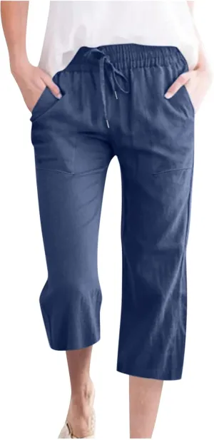 Womens Linen Capri Pants 2024 Summer Casual High Waist Elastic Drawstring Loose Soft Pockets Wide Leg Crop Trousers