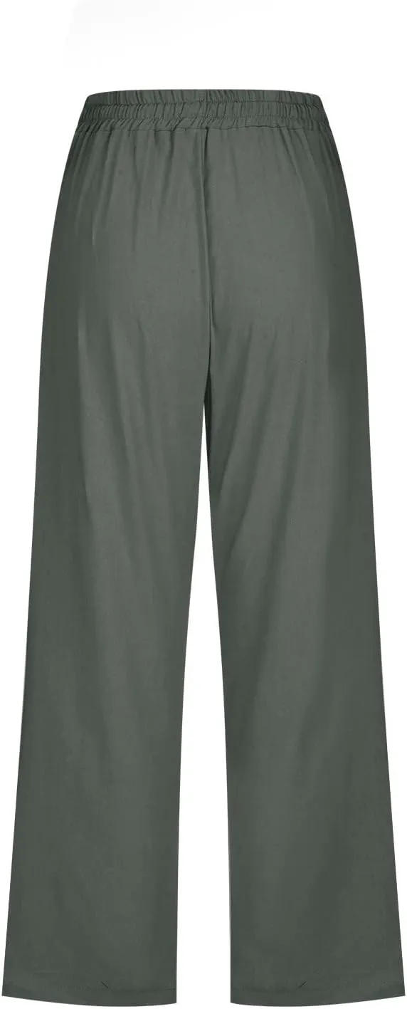 Womens Linen Capri Pants 2024 Summer Casual High Waist Elastic Drawstring Loose Soft Pockets Wide Leg Crop Trousers