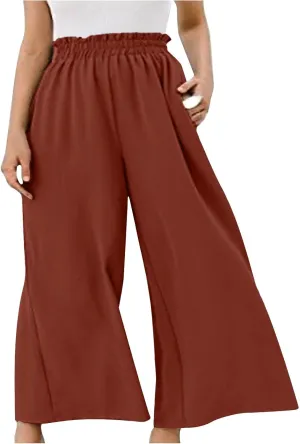 Womens Linen Capri Pants Wide Leg Palazzo Lounge Pant Summer High Waisted Flowy 2024 Beach Work Boho Casual Trousers