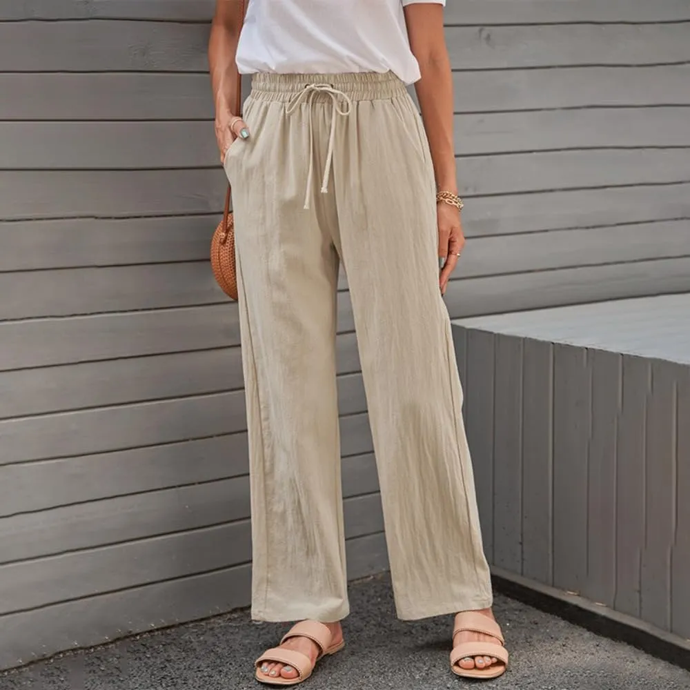 Women's Linen Cotton Casual Pants Palazzo Drawstring with Pockets Elastic Waist Wide Straight Leg Loose Trousers