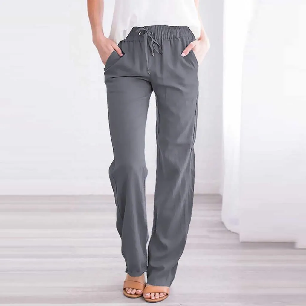 Women's Linen Cotton Casual Pants Palazzo Drawstring with Pockets Elastic Waist Wide Straight Leg Loose Trousers