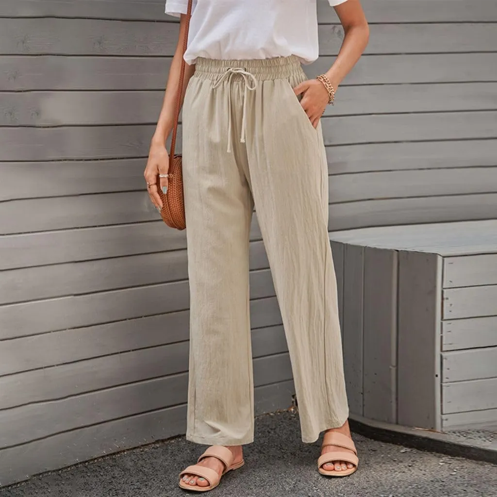 Women's Linen Cotton Casual Pants Palazzo Drawstring with Pockets Elastic Waist Wide Straight Leg Loose Trousers