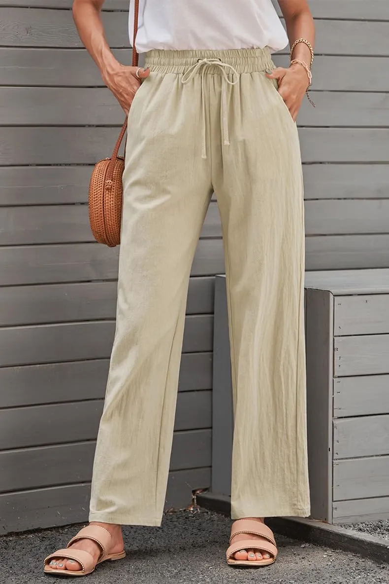Women's Linen Cotton Casual Pants Palazzo Drawstring with Pockets Elastic Waist Wide Straight Leg Loose Trousers