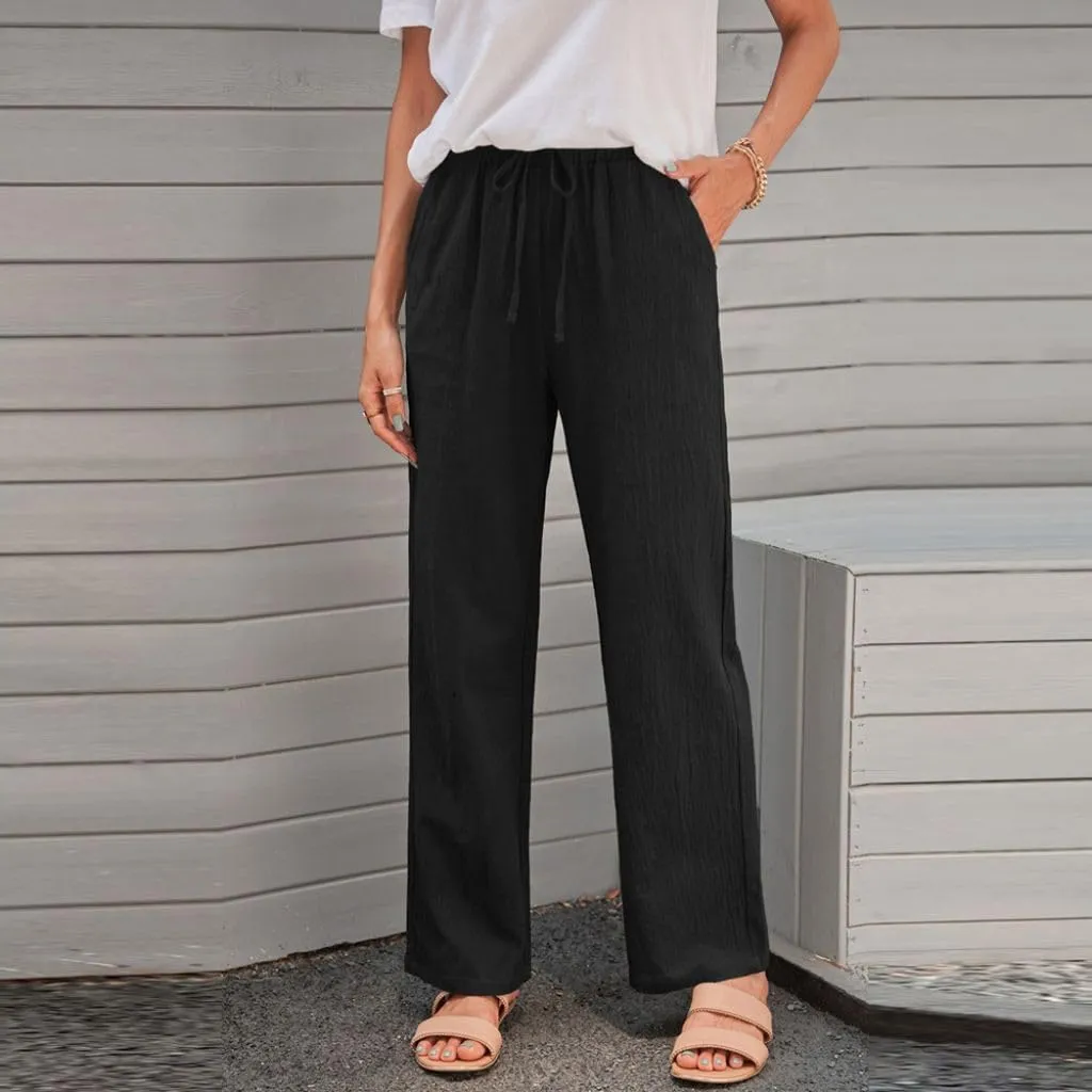 Women's Linen Cotton Casual Pants Palazzo Drawstring with Pockets Elastic Waist Wide Straight Leg Loose Trousers