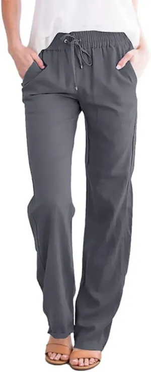 Women's Linen Cotton Casual Pants Palazzo Drawstring with Pockets Elastic Waist Wide Straight Leg Loose Trousers