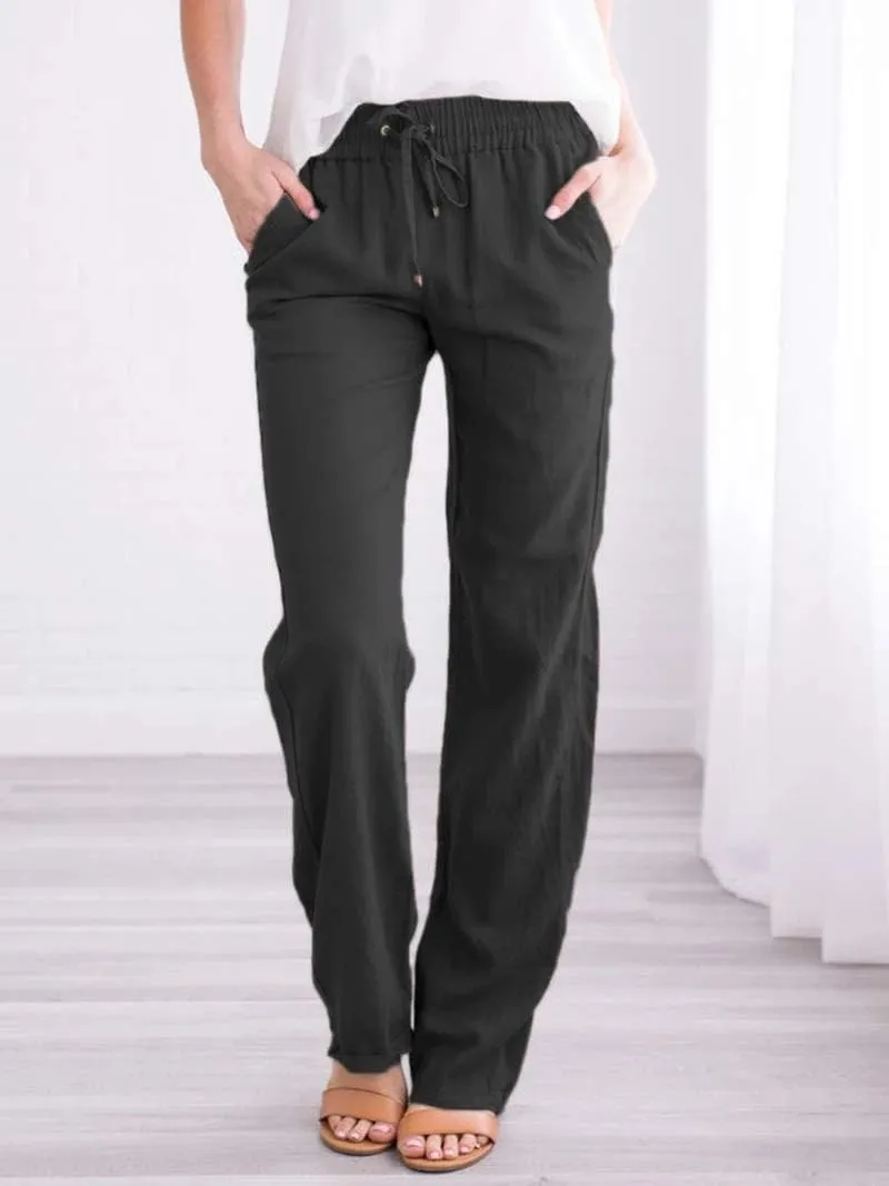 Women's Linen Cotton Casual Pants Palazzo Drawstring with Pockets Elastic Waist Wide Straight Leg Loose Trousers