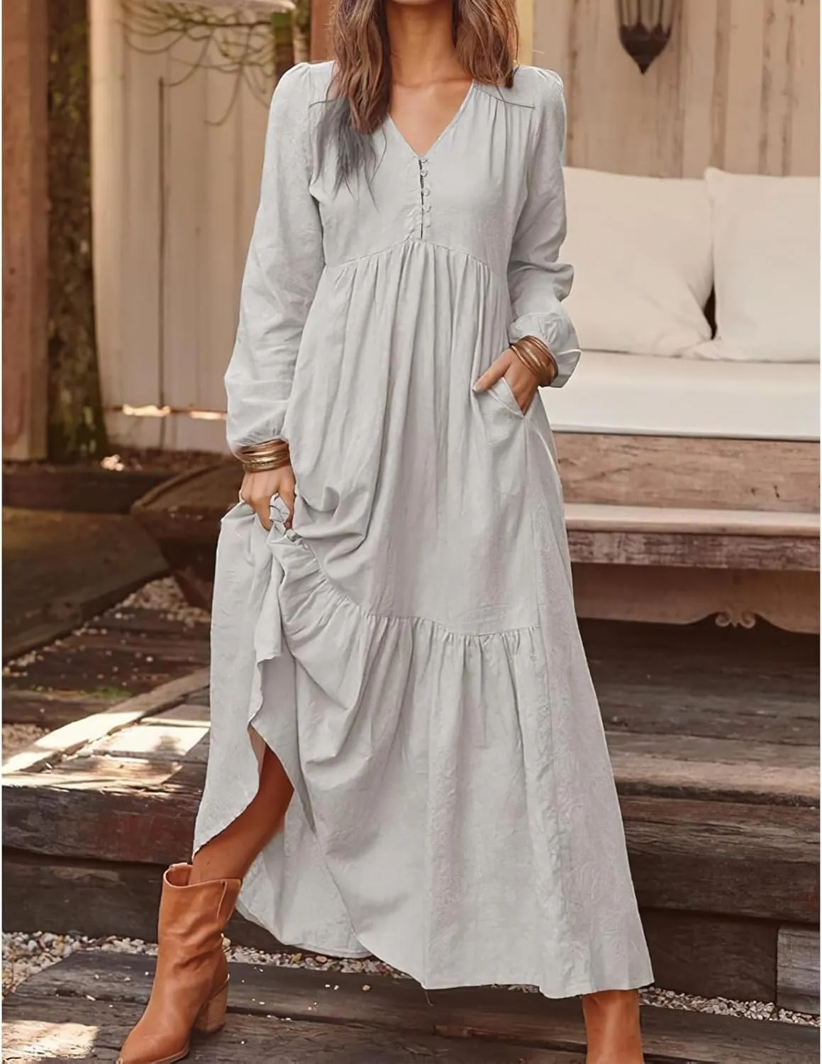 Women's Linen Maxi Dress Long Sleeve with Pockets Boho Beach Pleated Long Dress Casual V-Neck Tiered Ruffle Dresses