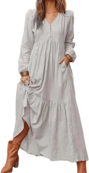 Women's Linen Maxi Dress Long Sleeve with Pockets Boho Beach Pleated Long Dress Casual V-Neck Tiered Ruffle Dresses