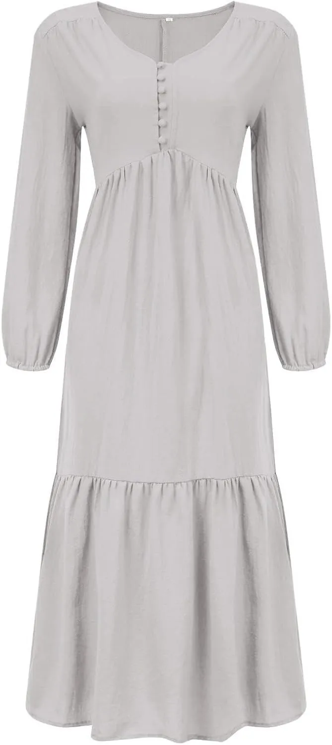 Women's Linen Maxi Dress Long Sleeve with Pockets Boho Beach Pleated Long Dress Casual V-Neck Tiered Ruffle Dresses