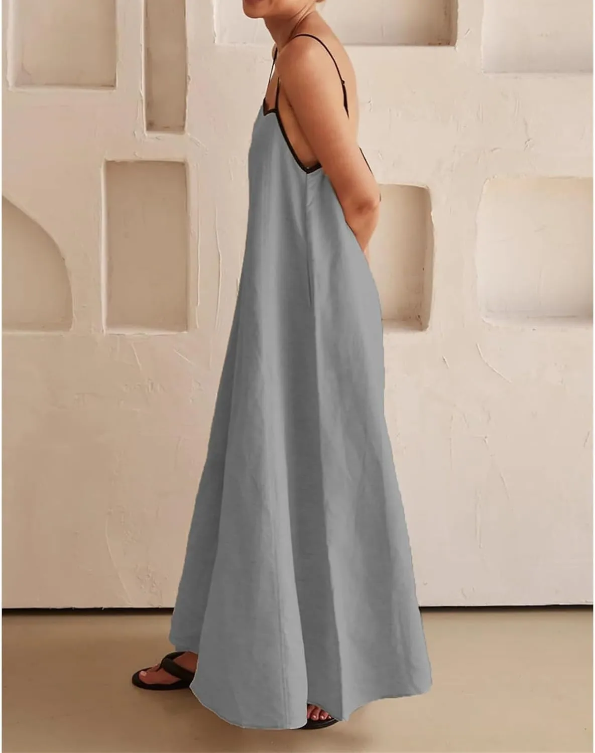 Womens Linen Maxi Dress Spaghetti Straps Backless Sleeveless Sundress Summer Flowy Dresses Beach Vacation Dress
