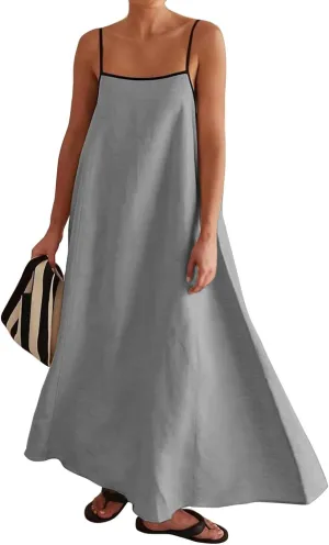 Womens Linen Maxi Dress Spaghetti Straps Backless Sleeveless Sundress Summer Flowy Dresses Beach Vacation Dress