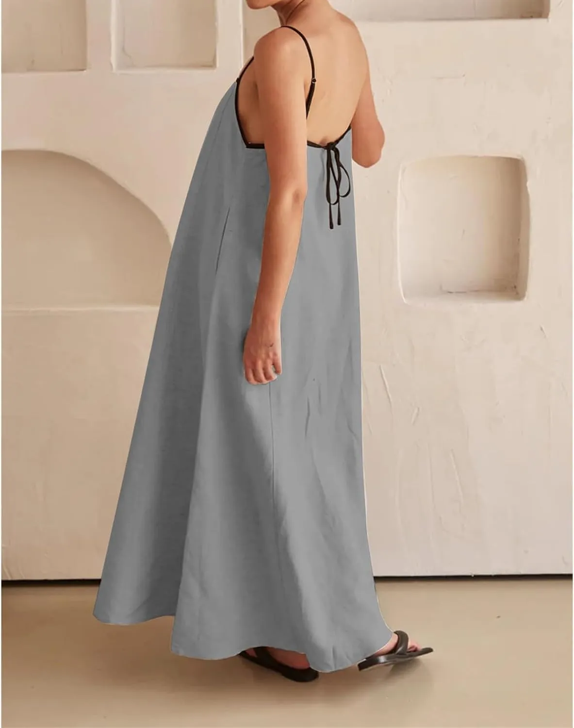 Womens Linen Maxi Dress Spaghetti Straps Backless Sleeveless Sundress Summer Flowy Dresses Beach Vacation Dress