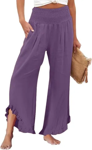 Women's Linen Palazzo Pants Casual Summer Beach Vacation High Waist Wide Leg Trousers Trendy Lounge Pant with Pockets