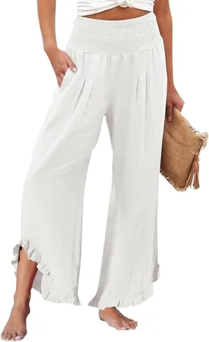 Women's Linen Palazzo Pants Casual Summer Beach Vacation High Waist Wide Leg Trousers Trendy Lounge Pant with Pockets