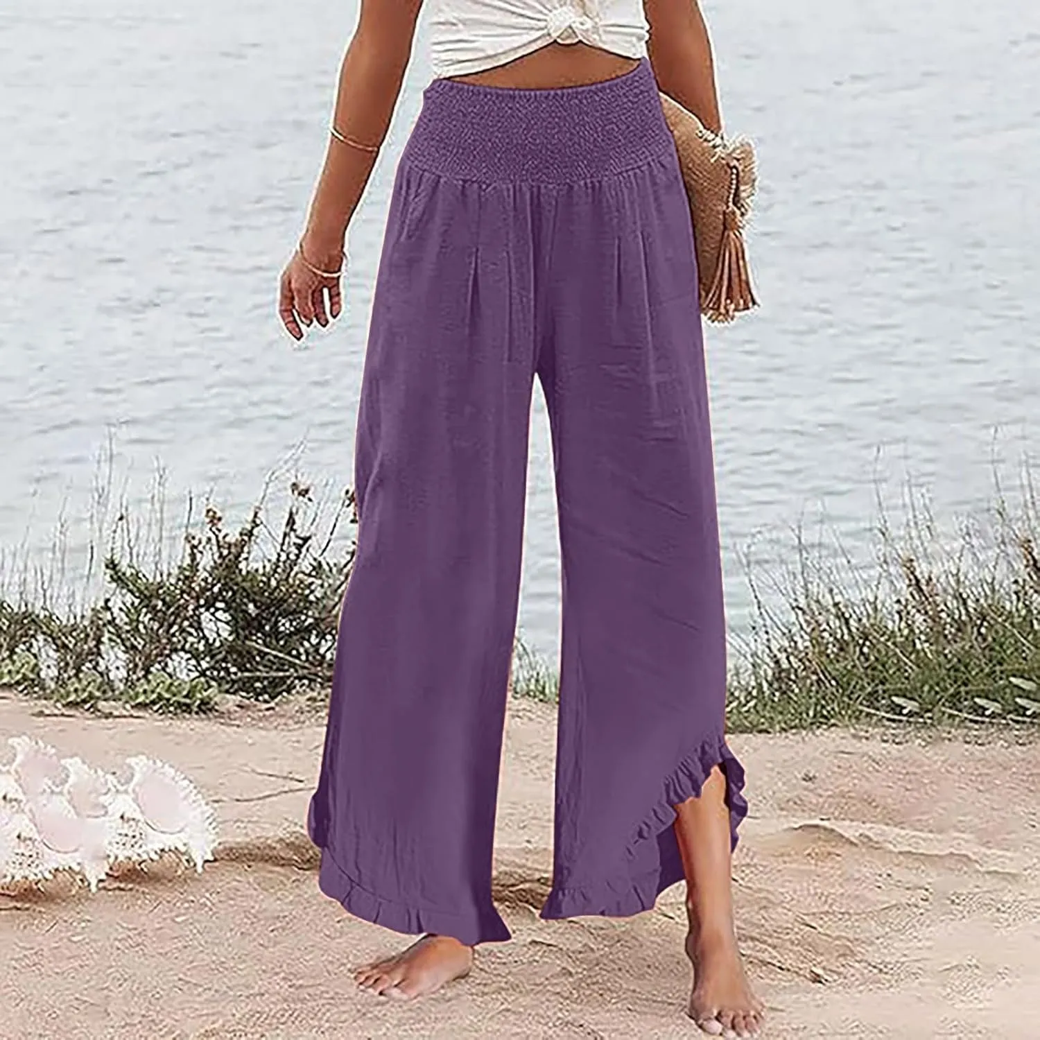 Women's Linen Palazzo Pants Casual Summer Beach Vacation High Waist Wide Leg Trousers Trendy Lounge Pant with Pockets