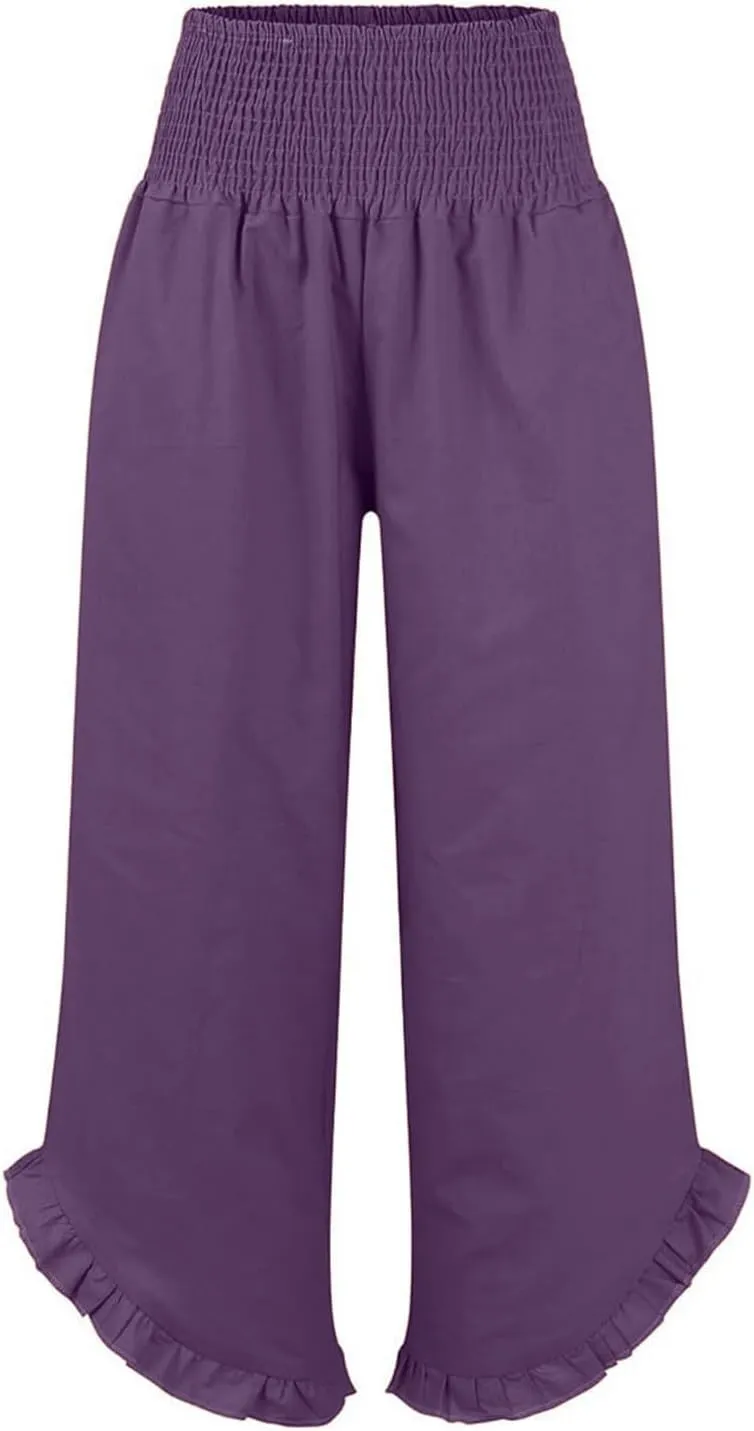 Women's Linen Palazzo Pants Casual Summer Beach Vacation High Waist Wide Leg Trousers Trendy Lounge Pant with Pockets