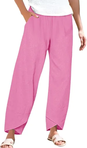 Women's Linen Palazzo Pants Leg Pants Elastic Drawstring Casual Trousers with Pockets Summer Beach Casual Lounge
