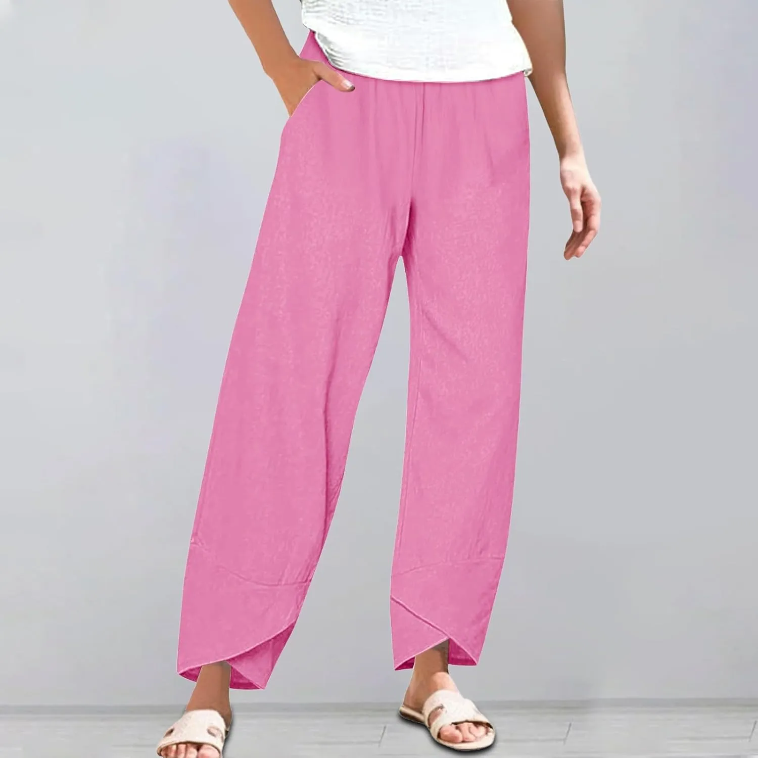 Women's Linen Palazzo Pants Leg Pants Elastic Drawstring Casual Trousers with Pockets Summer Beach Casual Lounge