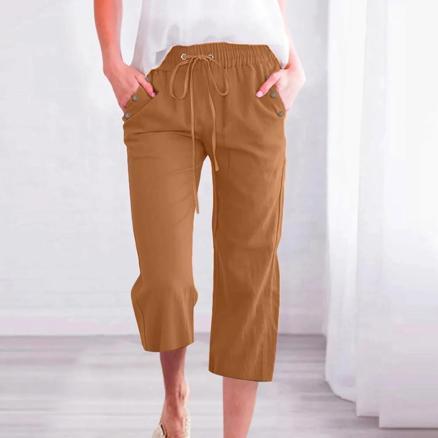 Women's Linen Palazzo Pants Pant Cotton Blend Drawstring Elastic Waist Pocket Long Wide Leg Wide Leg Loose