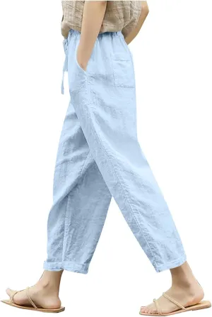 Womens Linen Pants 2025 Summer Drawstring High Waist Straight Leg Lounge Pant Loose Lightweight Beach Trousers