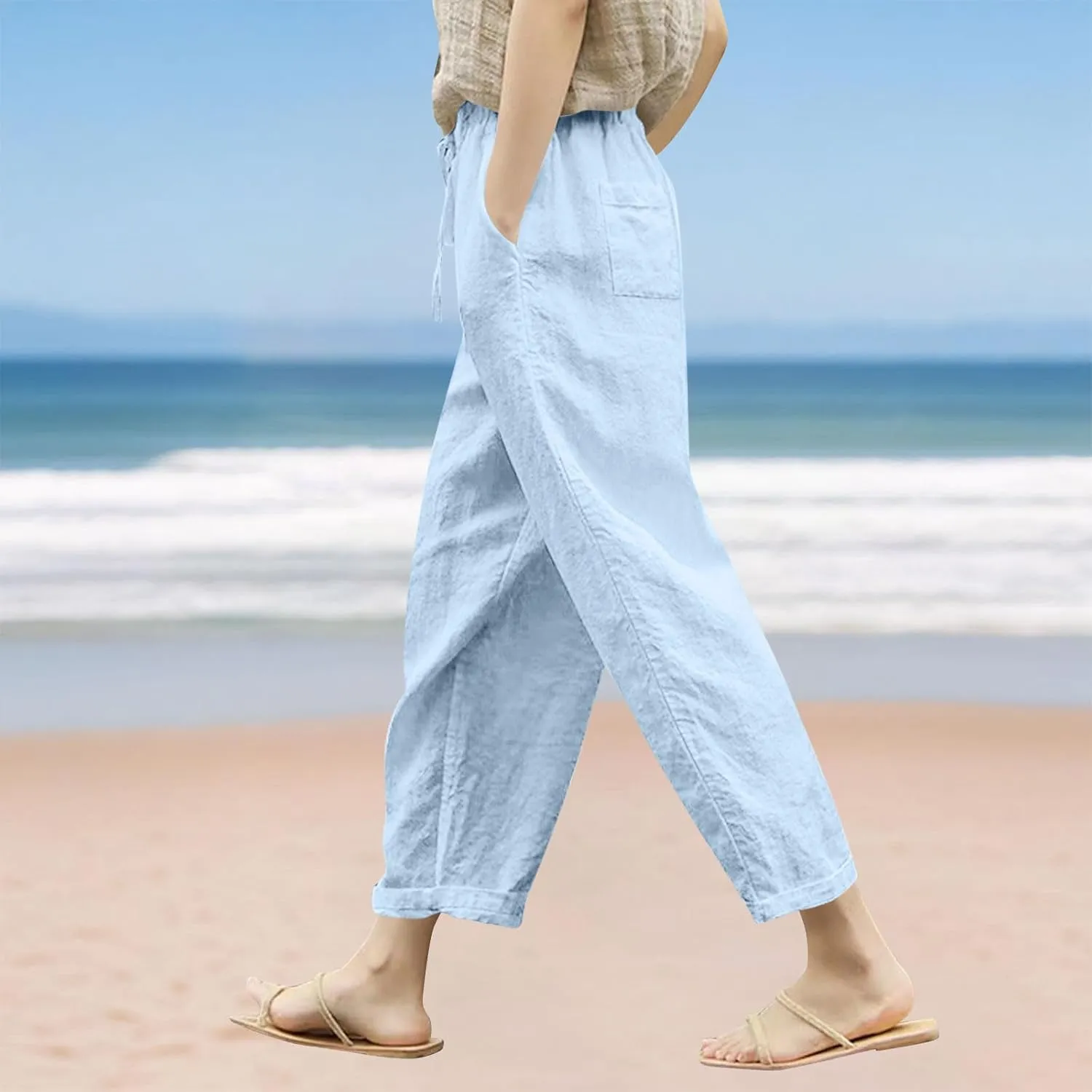 Womens Linen Pants 2025 Summer Drawstring High Waist Straight Leg Lounge Pant Loose Lightweight Beach Trousers