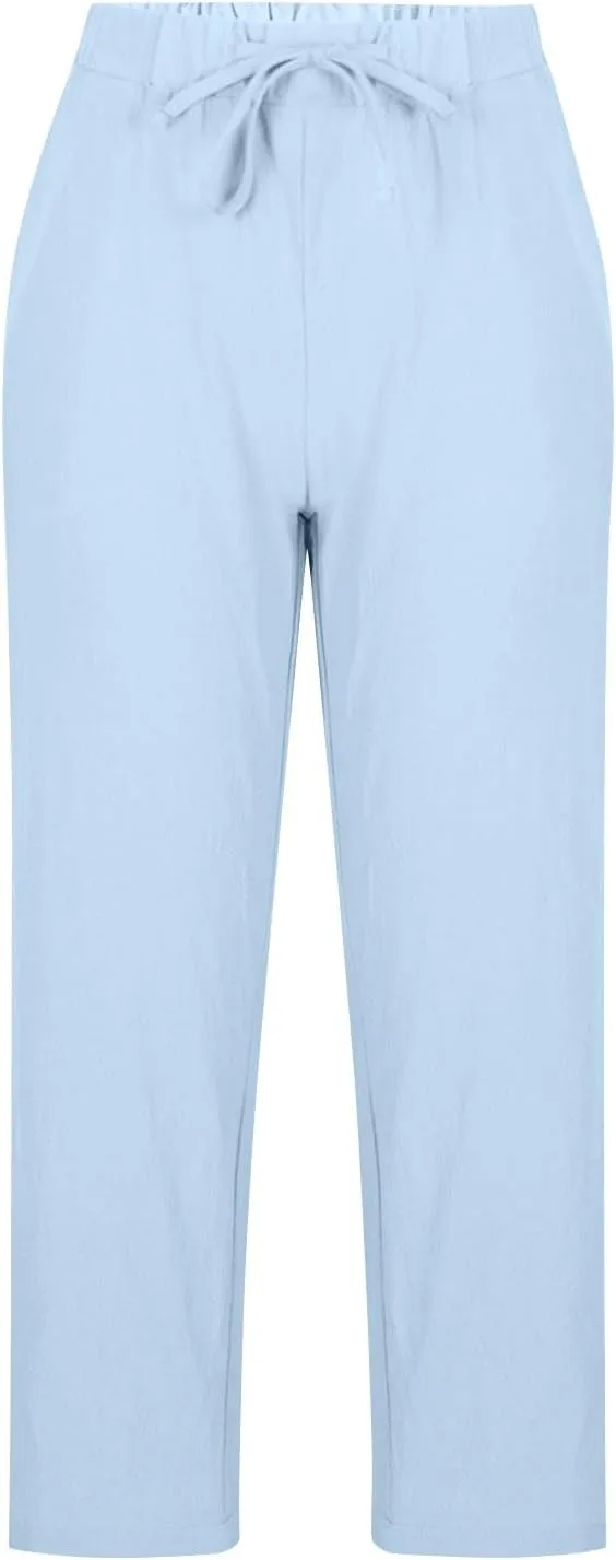 Womens Linen Pants 2025 Summer Drawstring High Waist Straight Leg Lounge Pant Loose Lightweight Beach Trousers