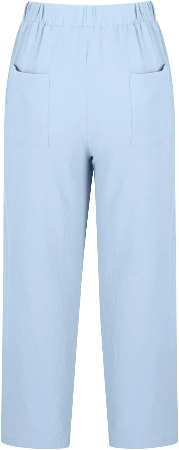 Womens Linen Pants 2025 Summer Drawstring High Waist Straight Leg Lounge Pant Loose Lightweight Beach Trousers