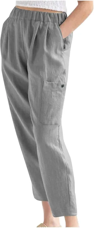 Women's Linen Pants Casual High Waisted Straight Leg Cotton Linen Pants Beach Summer Lounge Trousers with Pockets