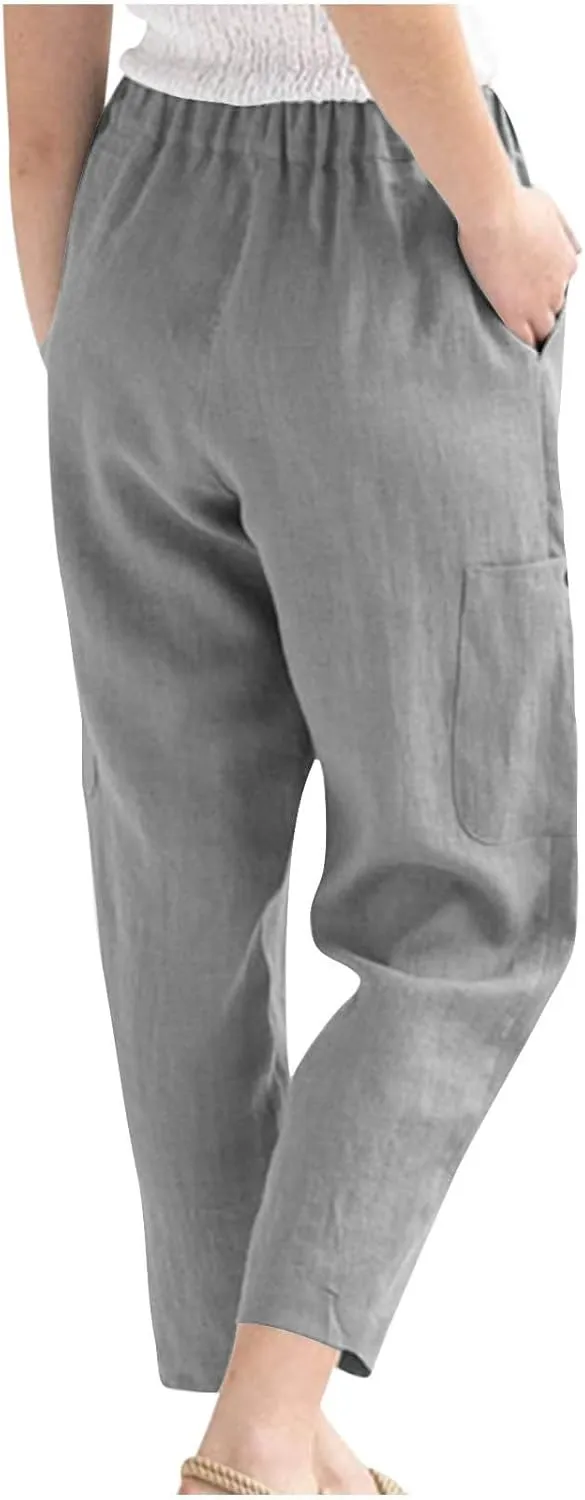 Women's Linen Pants Casual High Waisted Straight Leg Cotton Linen Pants Beach Summer Lounge Trousers with Pockets