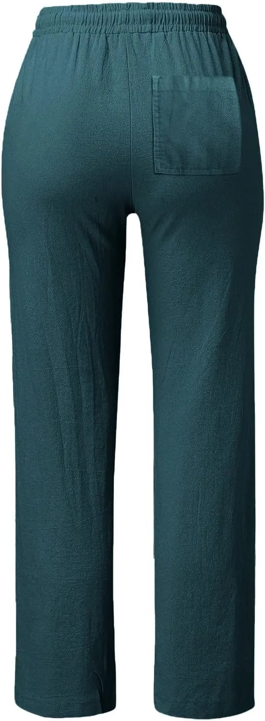 Womens Linen Pants Summer 2025 Elastic Drawstring High Waisted Fit Pant Beach Casual Lightweight Trousers with Pockets