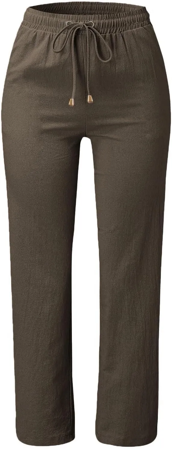Womens Linen Pants Summer 2025 Elastic Drawstring High Waisted Fit Pant Beach Casual Lightweight Trousers with Pockets