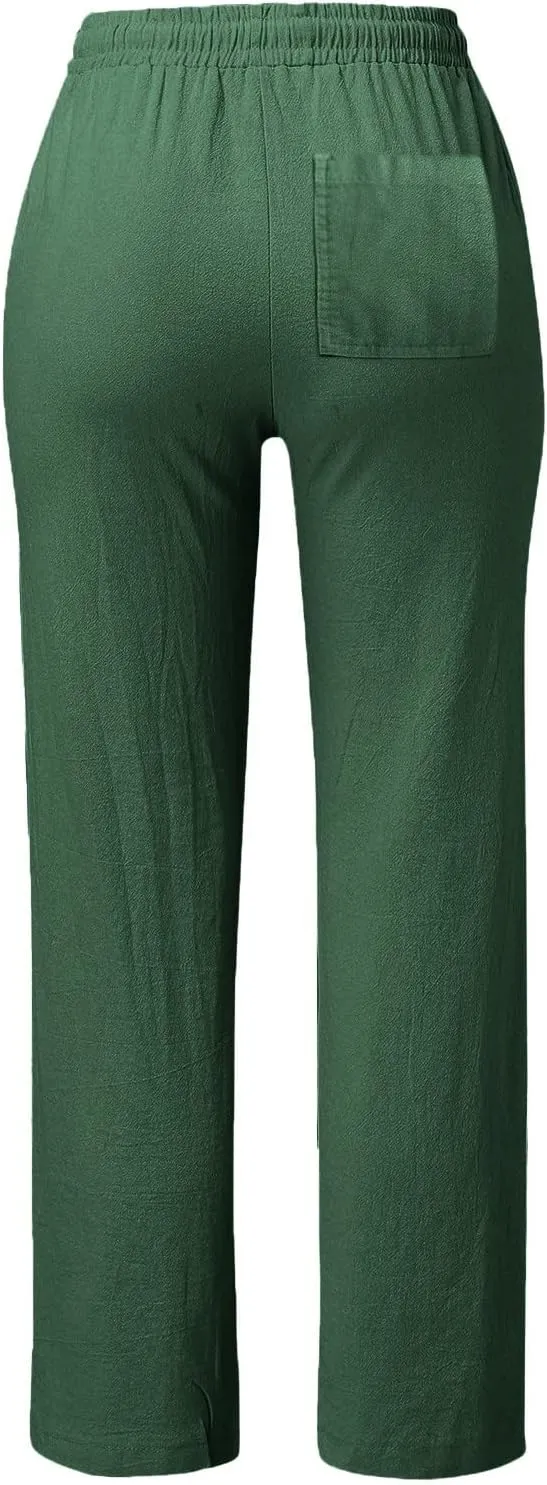 Womens Linen Pants Summer 2025 Elastic Drawstring High Waisted Fit Pant Beach Casual Lightweight Trousers with Pockets