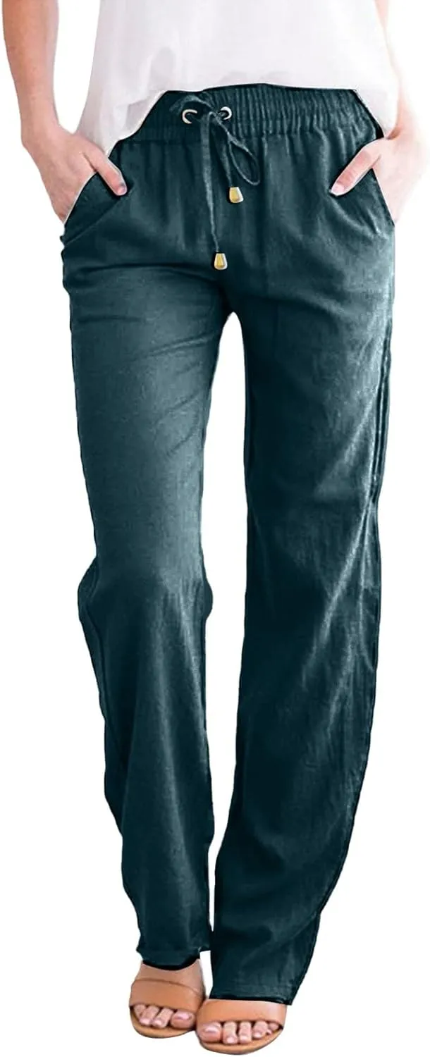 Womens Linen Pants Summer 2025 Elastic Drawstring High Waisted Fit Pant Beach Casual Lightweight Trousers with Pockets