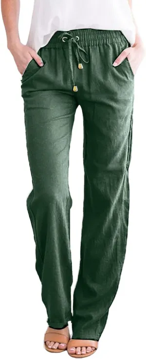 Womens Linen Pants Summer 2025 Elastic Drawstring High Waisted Fit Pant Beach Casual Lightweight Trousers with Pockets