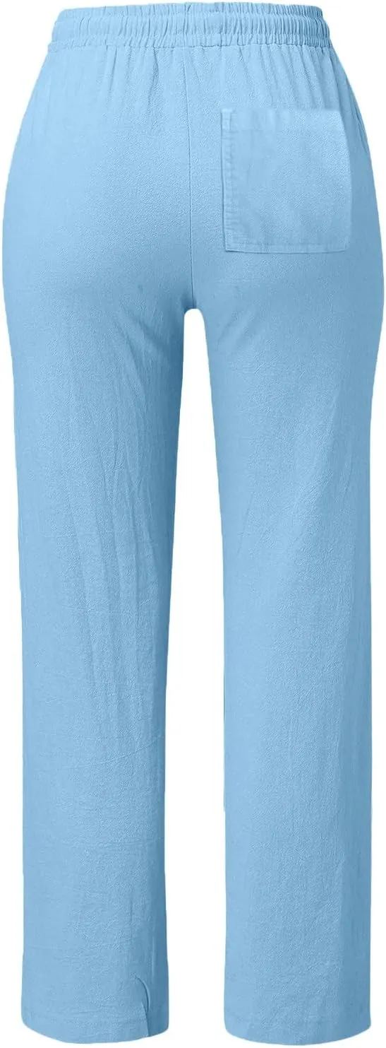 Womens Linen Pants Summer 2025 Elastic Drawstring High Waisted Fit Pant Beach Casual Lightweight Trousers with Pockets