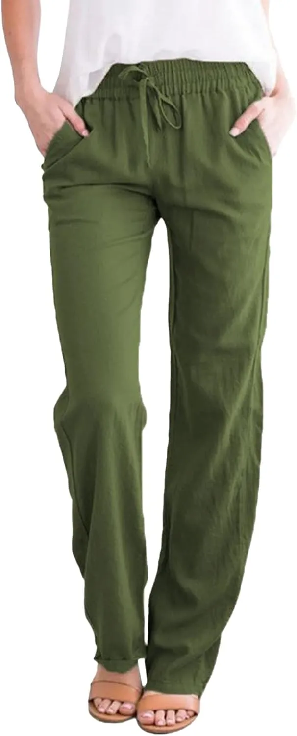 Womens Linen Pants Summer 2025 Elastic Drawstring High Waisted Fit Pant Beach Casual Lightweight Trousers with Pockets