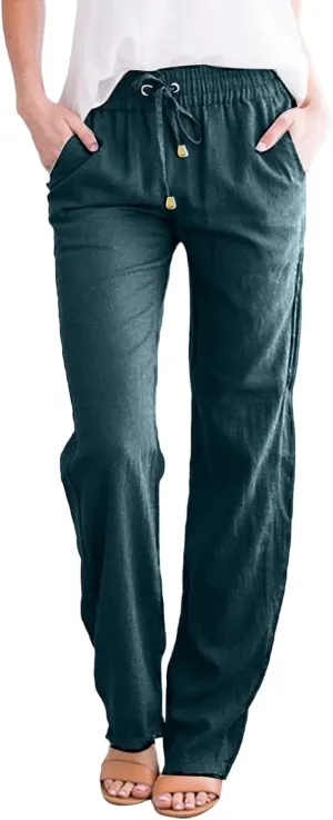 Womens Linen Pants Summer 2025 Elastic Drawstring High Waisted Fit Pant Beach Casual Lightweight Trousers with Pockets