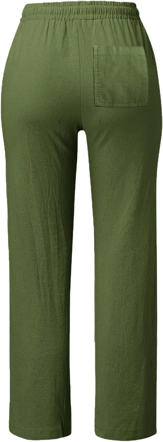 Womens Linen Pants Summer 2025 Elastic Drawstring High Waisted Fit Pant Beach Casual Lightweight Trousers with Pockets
