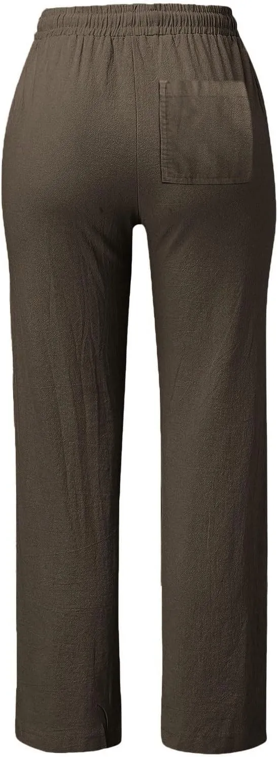 Womens Linen Pants Summer 2025 Elastic Drawstring High Waisted Fit Pant Beach Casual Lightweight Trousers with Pockets