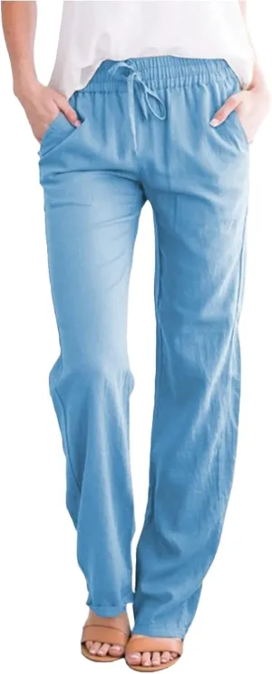 Womens Linen Pants Summer 2025 Elastic Drawstring High Waisted Fit Pant Beach Casual Lightweight Trousers with Pockets