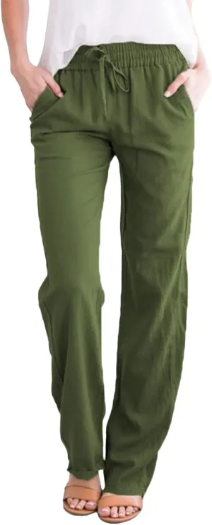 Womens Linen Pants Summer 2025 Elastic Drawstring High Waisted Fit Pant Beach Casual Lightweight Trousers with Pockets