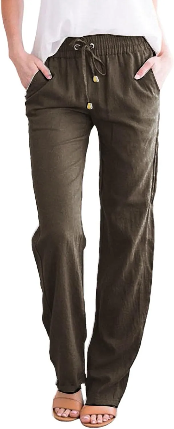 Womens Linen Pants Summer 2025 Elastic Drawstring High Waisted Fit Pant Beach Casual Lightweight Trousers with Pockets